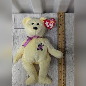 Ty Mother Plush Bear with Purple Ribbon and Floral Patch